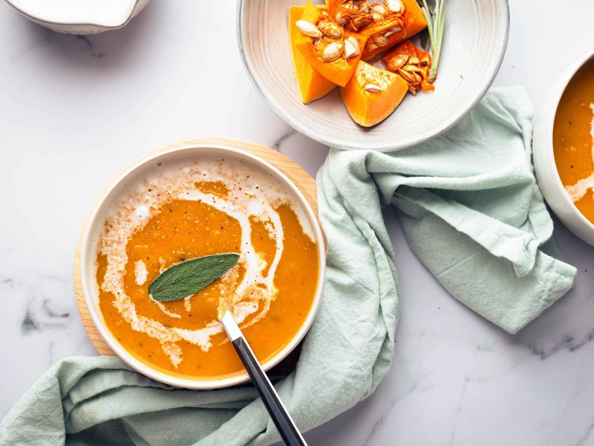 Healthy Soup Recipes Two Bowls of Butternut Squash Soup Garnished With a Sage Leaf